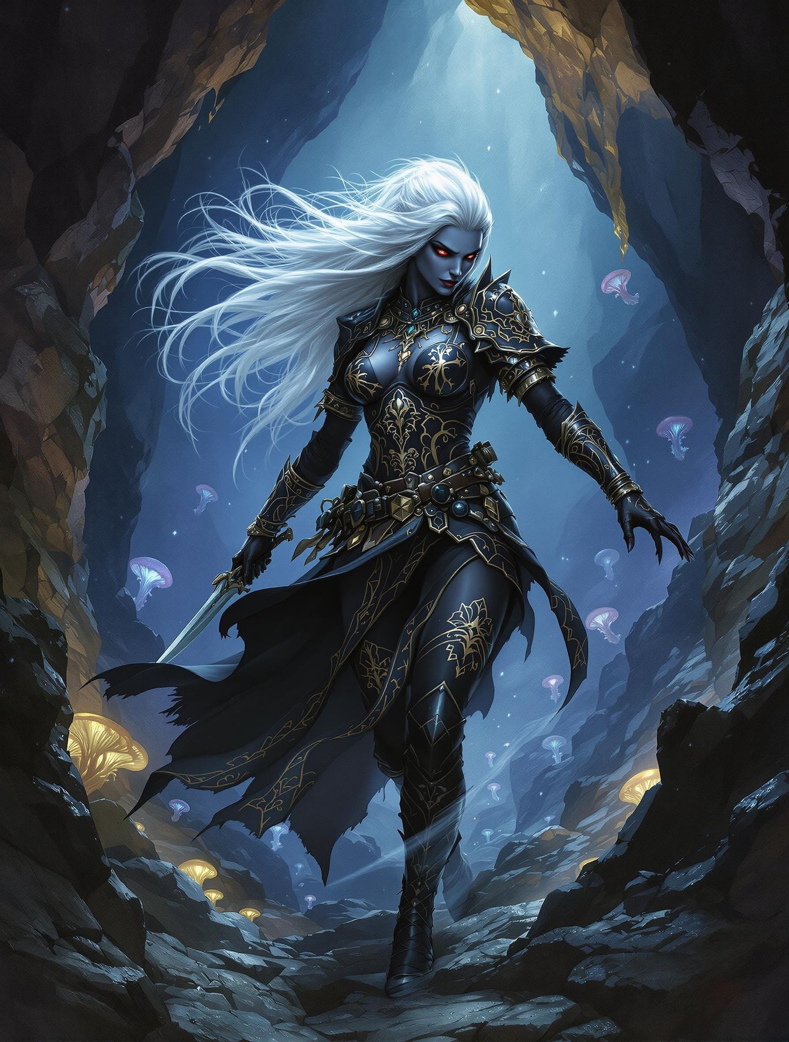 Drow Rogue Navigating Bioluminescent Underdark Terrain