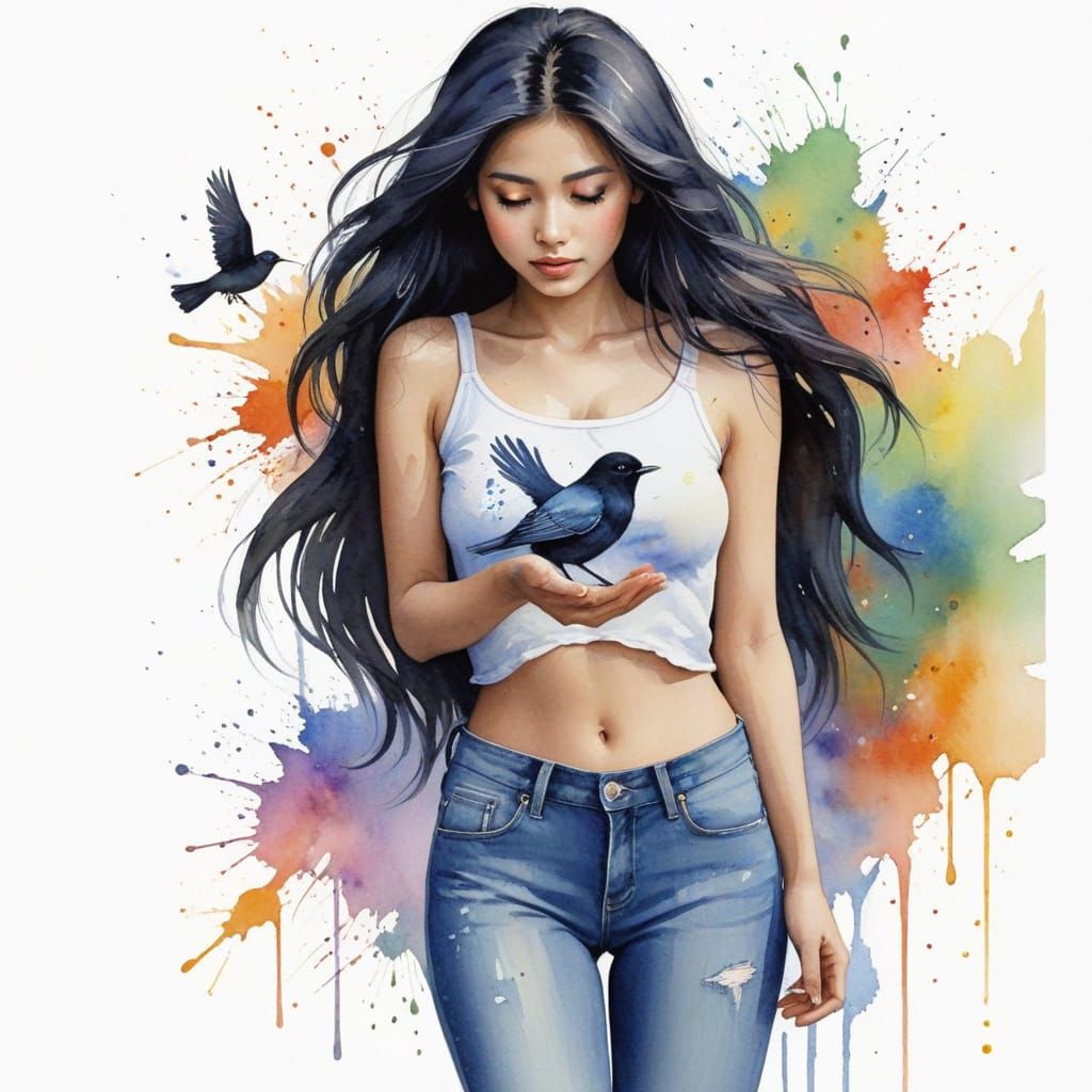 Young Girl with a Perched Bird in Vibrant Watercolor