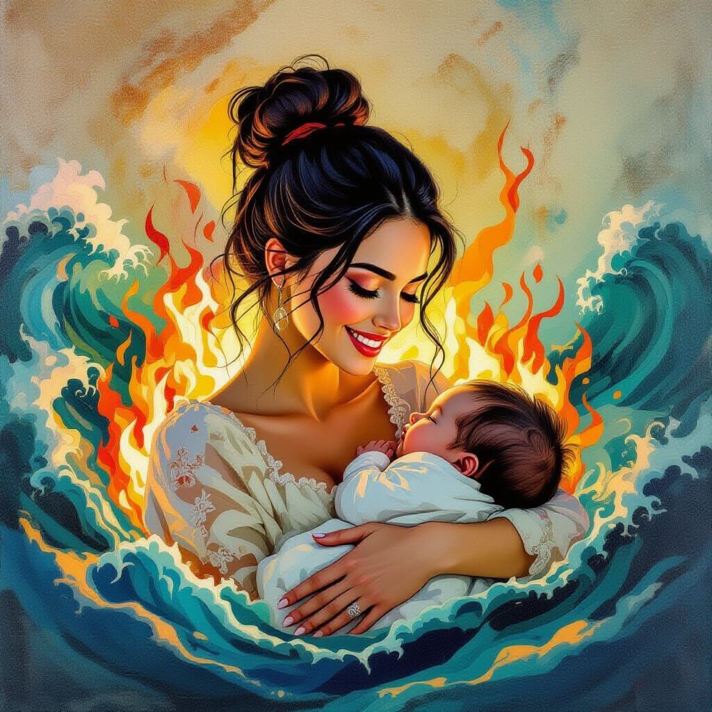 Surrealist Woman Cradling Baby in Flames and Water