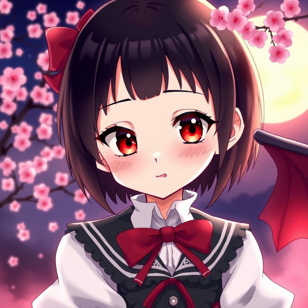 Anime Vampire Girl in Moonlit Cherry Garden