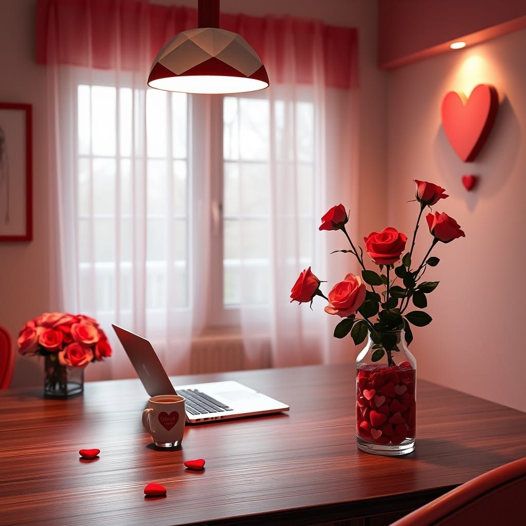 Cozy Home Office Decorated for Valentine's Day with Soft Pin...