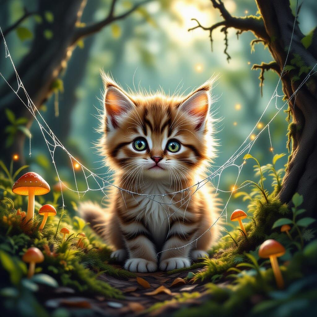 Fluffy Kitten Peeking From Dewy Spiderweb at Dawn