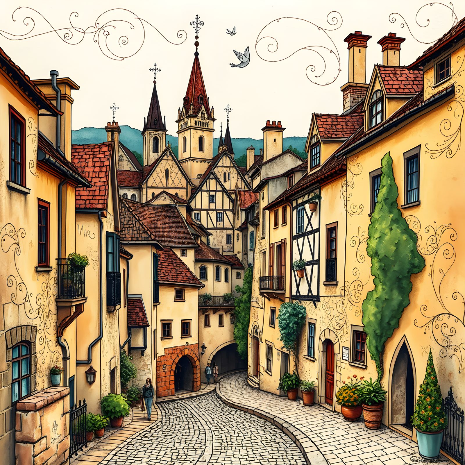Detailed Doodle Drawing of Sarlat-la-Caneda in Gouache