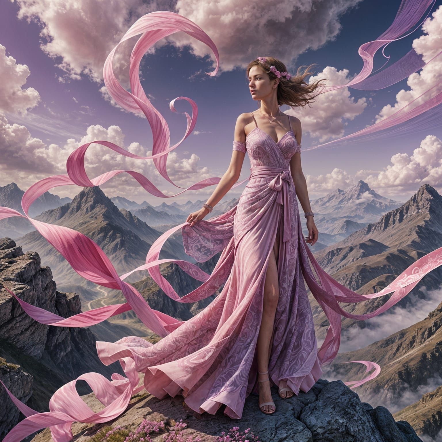 Woman with Pink Ribbons on a Mountain Top