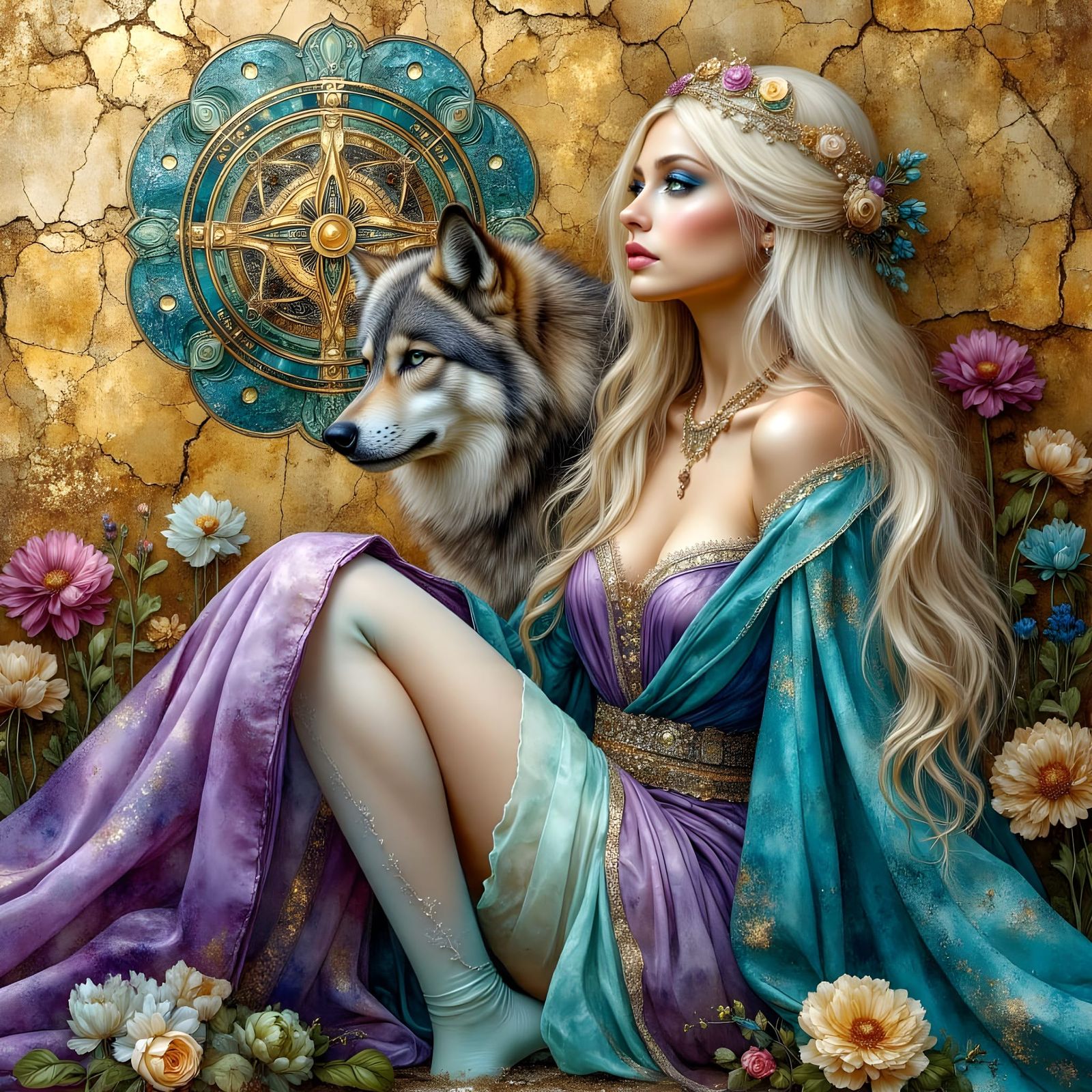 Sensual Woman with Wolf Companion in Fantasy Style