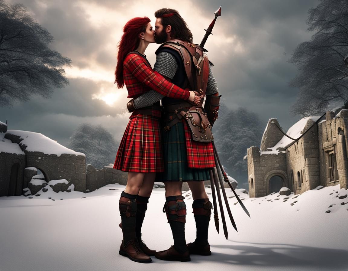 william wallace,braveheart,dressed for battle,wearing a traditional Wallace tartan kilt, kissing modern woman who is dre...