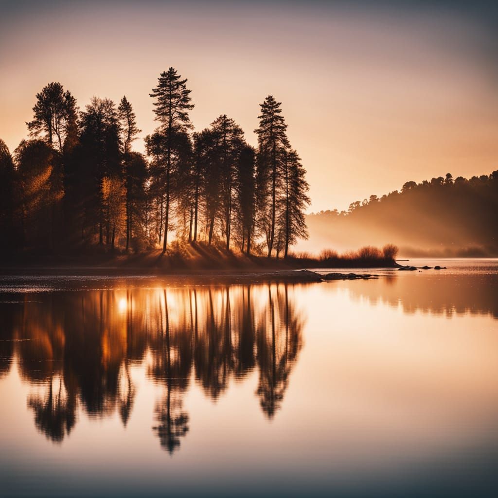 Luminous Lake Reflections in Warm Golden Hour Light