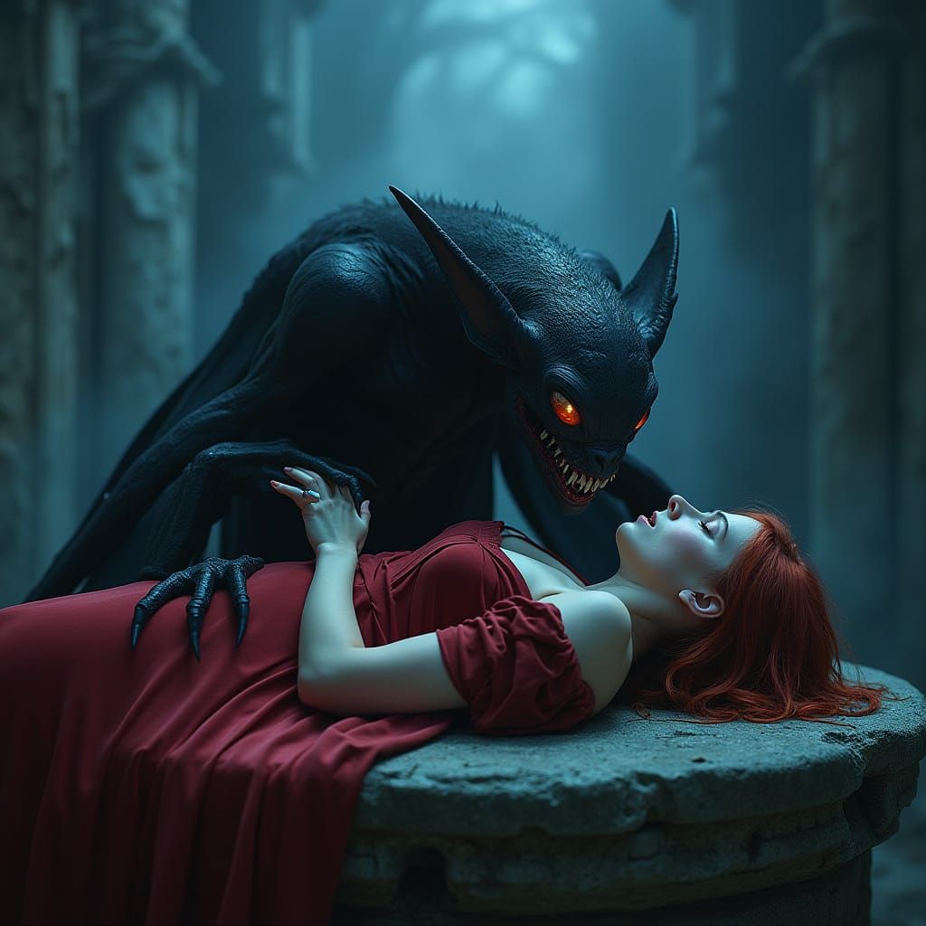 Gothic Horror: Creature and Woman in Moonlit Ruins