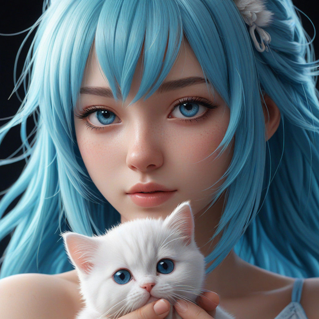Anime Woman Holding Tiny White Kitten in Vibrant Blue Hair