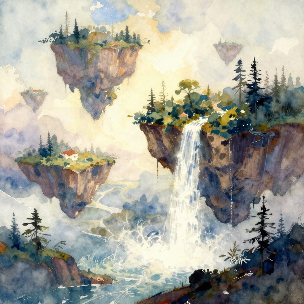 Surreal Floating Islands Watercolor Landscape