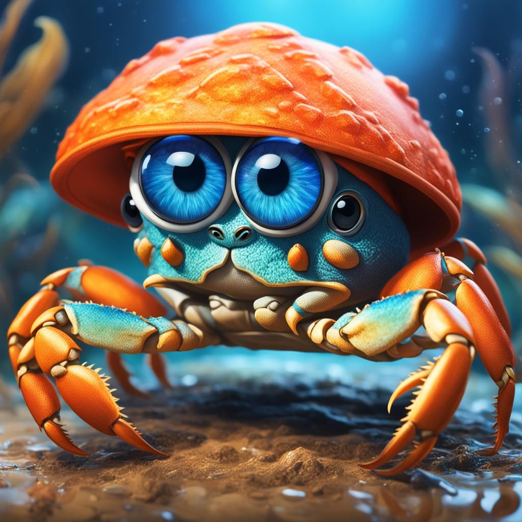 Cute Crab with Orange Hat in Hyperrealistic Splash Art