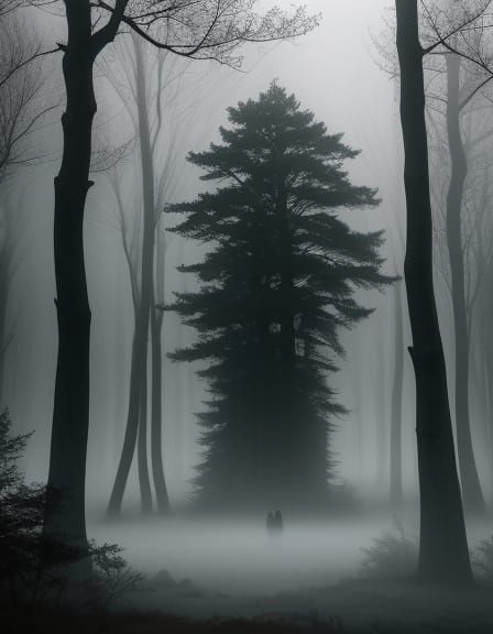 Mysterious Foggy Forest with Solitary Traveler Matte Paintin...
