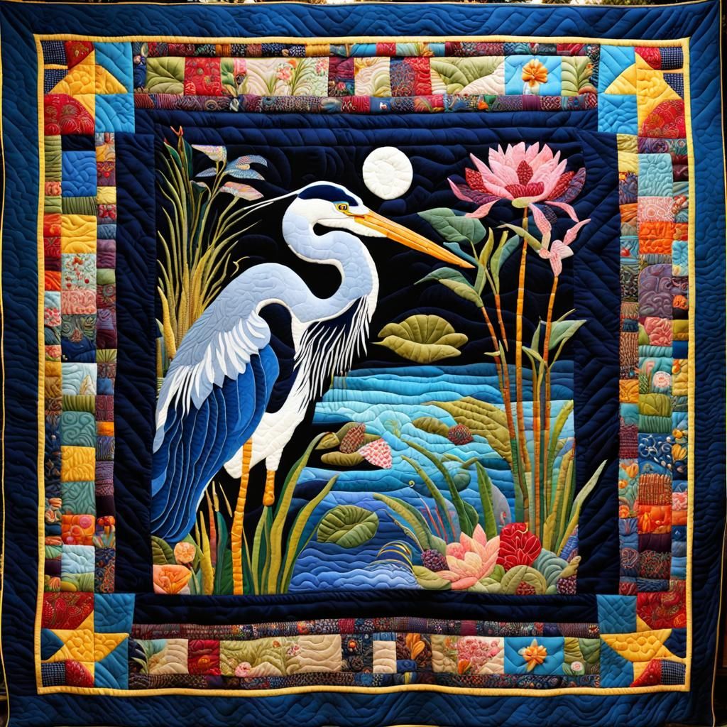 Blue Heron Quilt in Folk Art Style