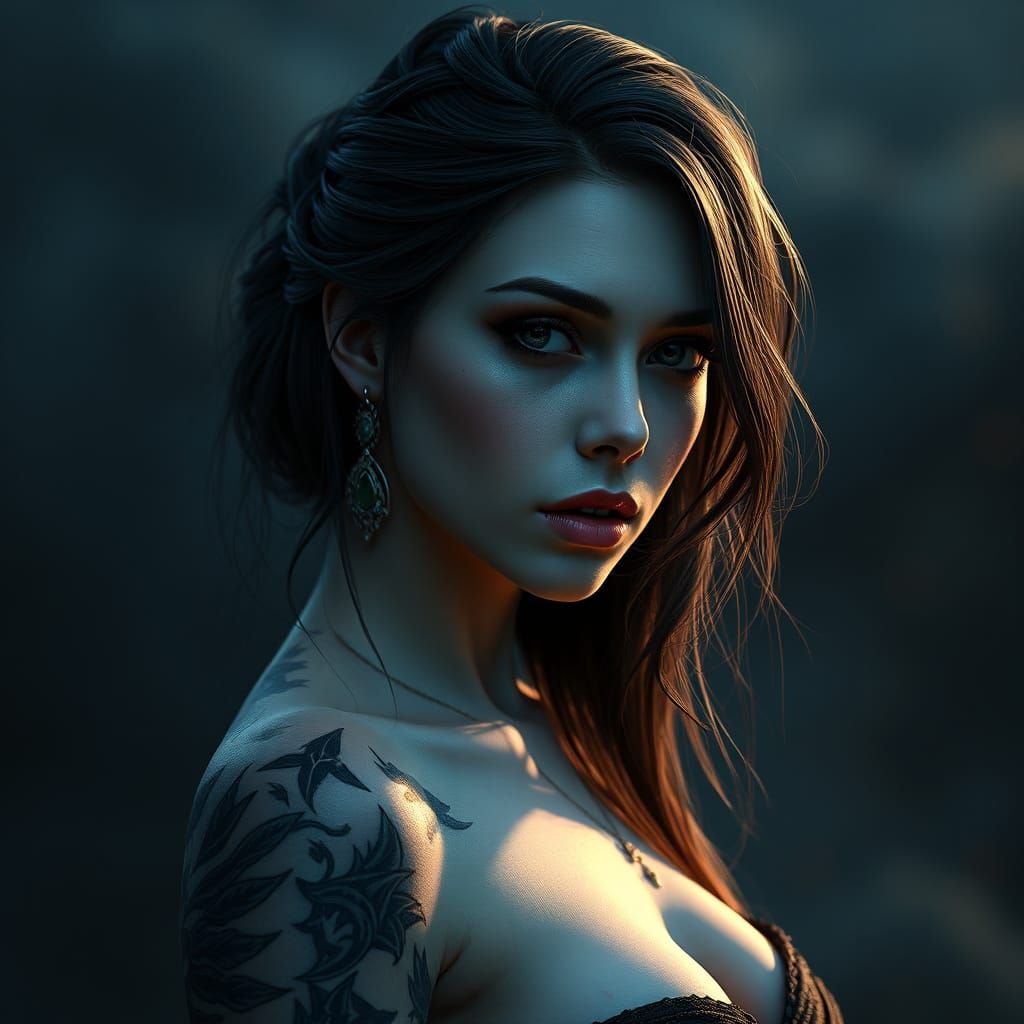 Dark Fantasy Portrait with Tattoos in Hyperrealism