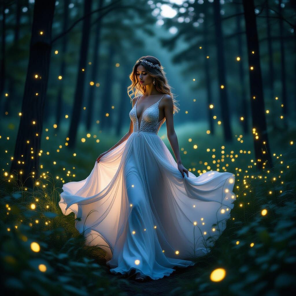 Woman with Firefly Galaxy Hair in Ethereal Forest