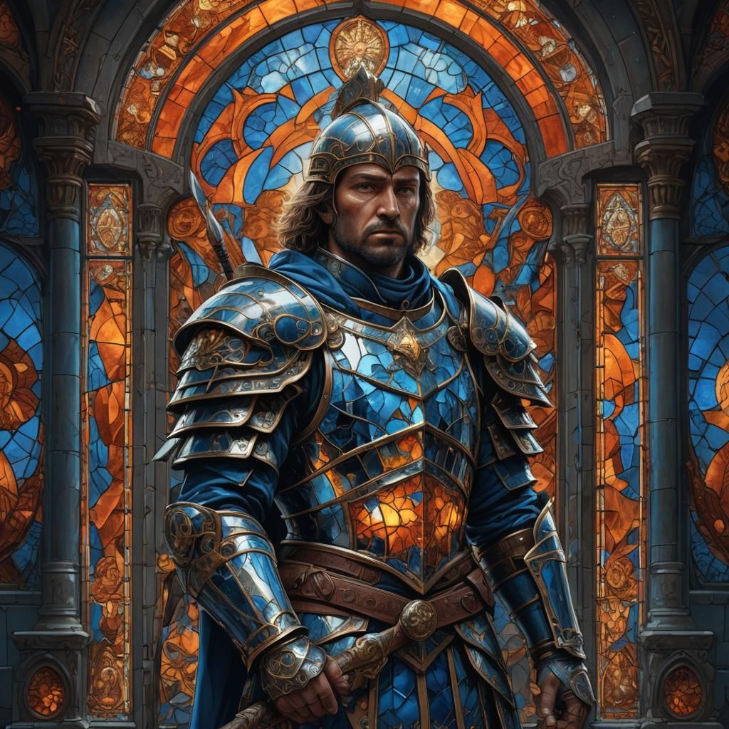 Legendary Warrior in Front of Stained Glass Window