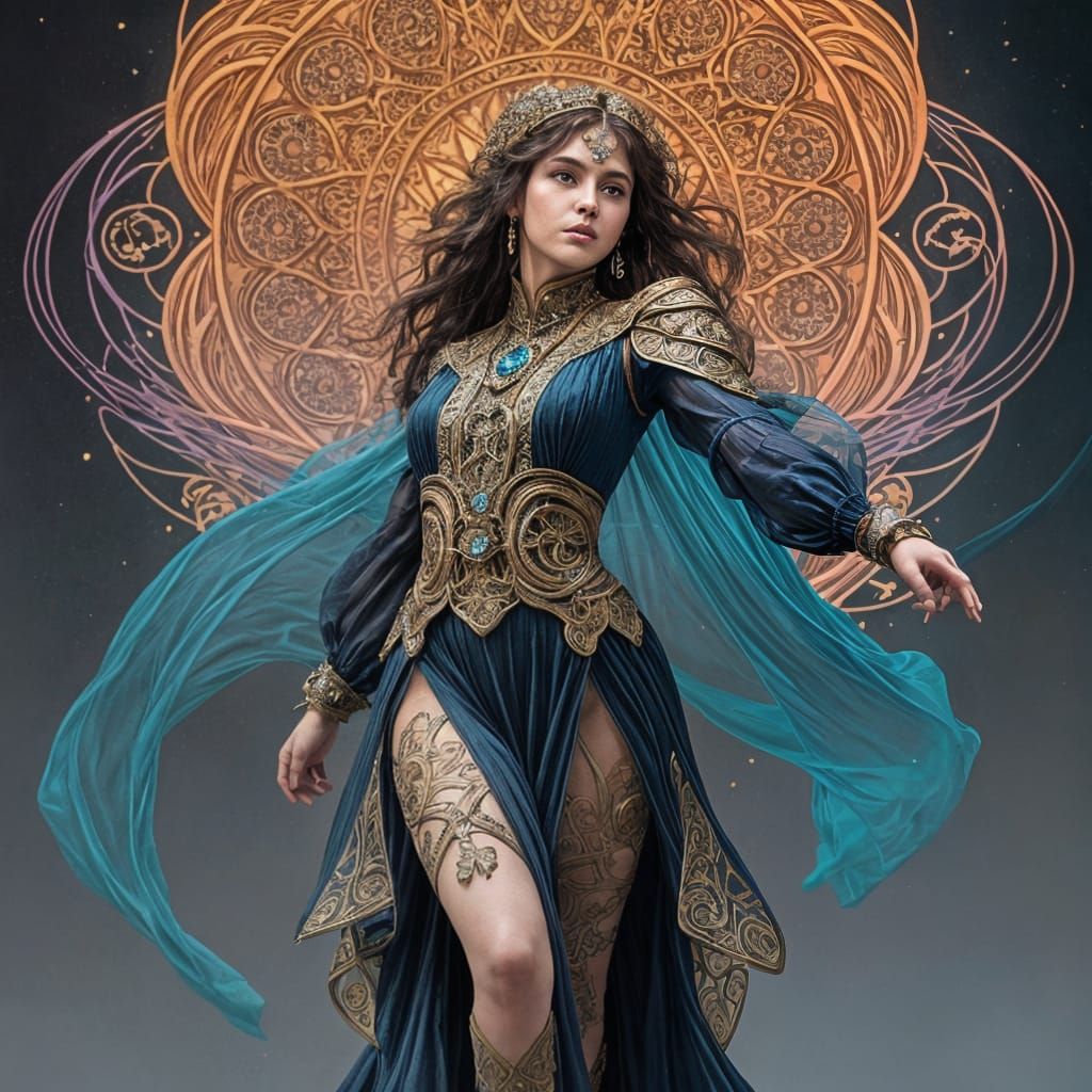 Art Deco Dancer in Cyan, Violet and Orange