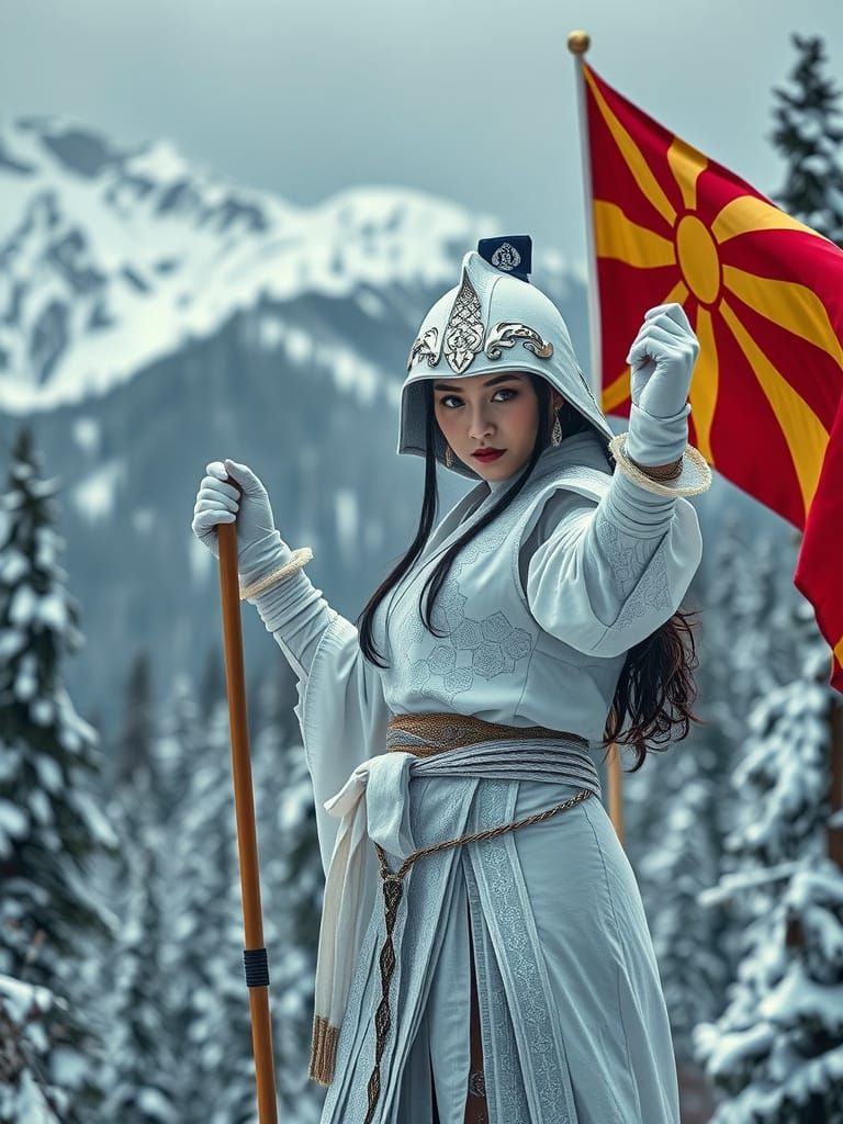 Japanese Warrior Woman Waving Macedonian Flag