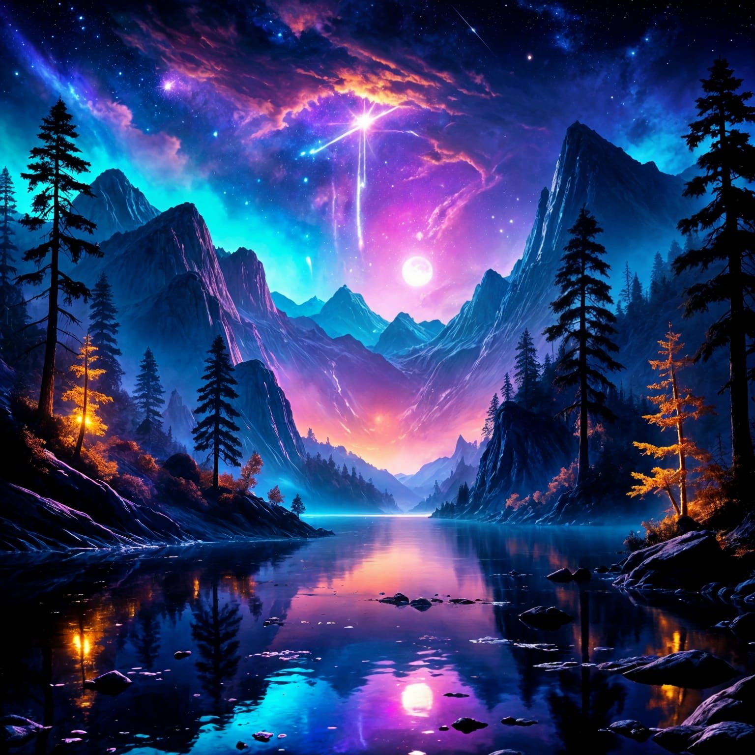 Alien Lake Among Mountains in Dark Purple Palette