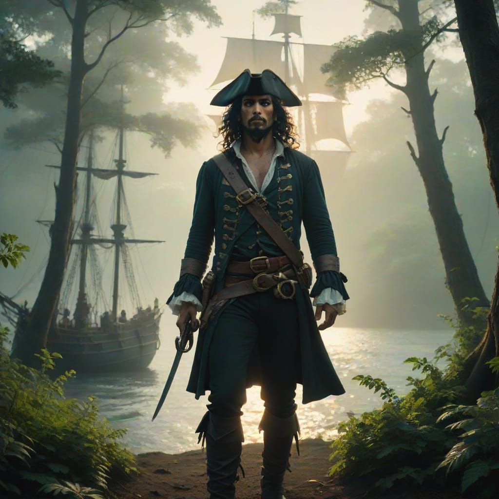 Romantic Pirate with Tall Ships in Scenic Background