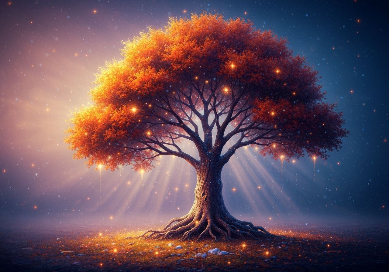 Magical Autumn Tree with Snowfall in Crepuscular Rays