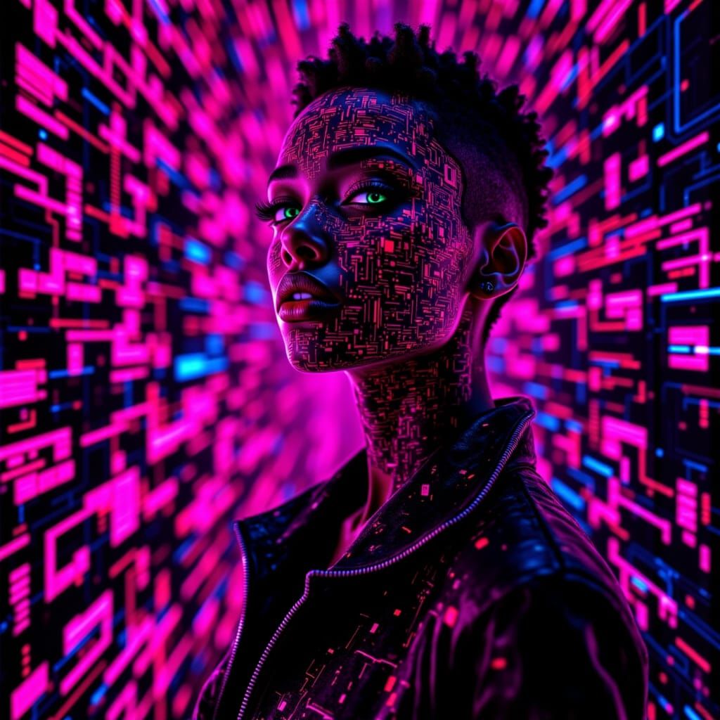 Model in Glitch Art Cyberpunk Style