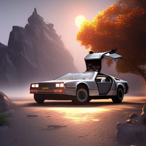 DeLorean in Detailed Matte Painting Style