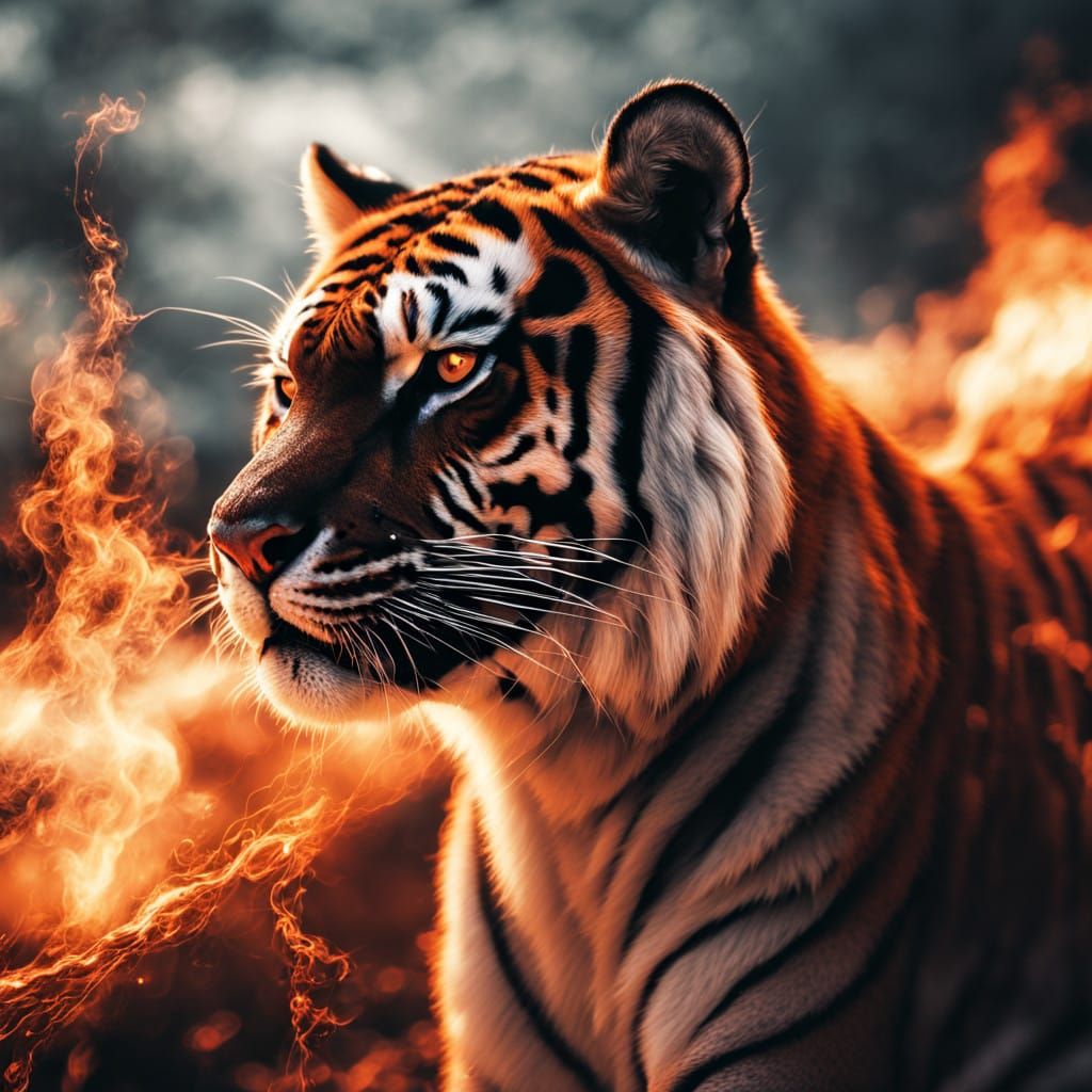 Tiger of Blazing Inferno in a Darkened Night Sky