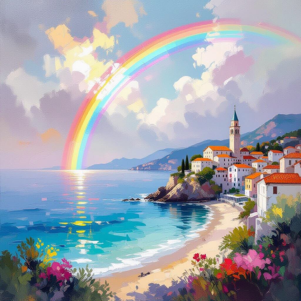 Rainbow Over Adriatic Coast in Impressionistic Style