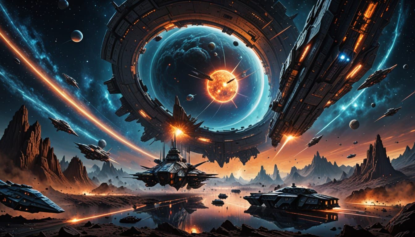 Epic Battle Cruiser Spaceship Escorted by Fighters in Deep S...