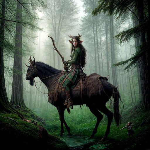 Dark Elf Maiden Rides Majestic Moose in Enchanted Forest