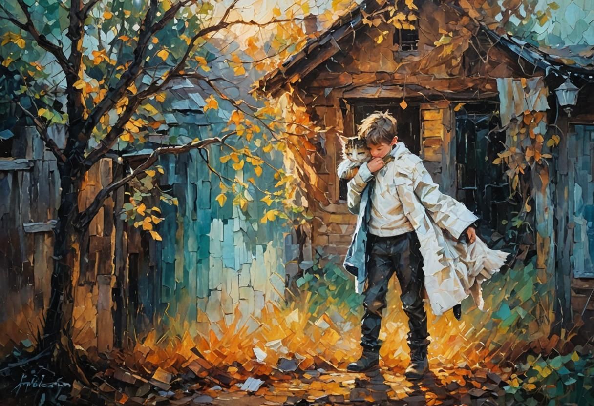 Boy and Cat: An Impressionist Oil Painting