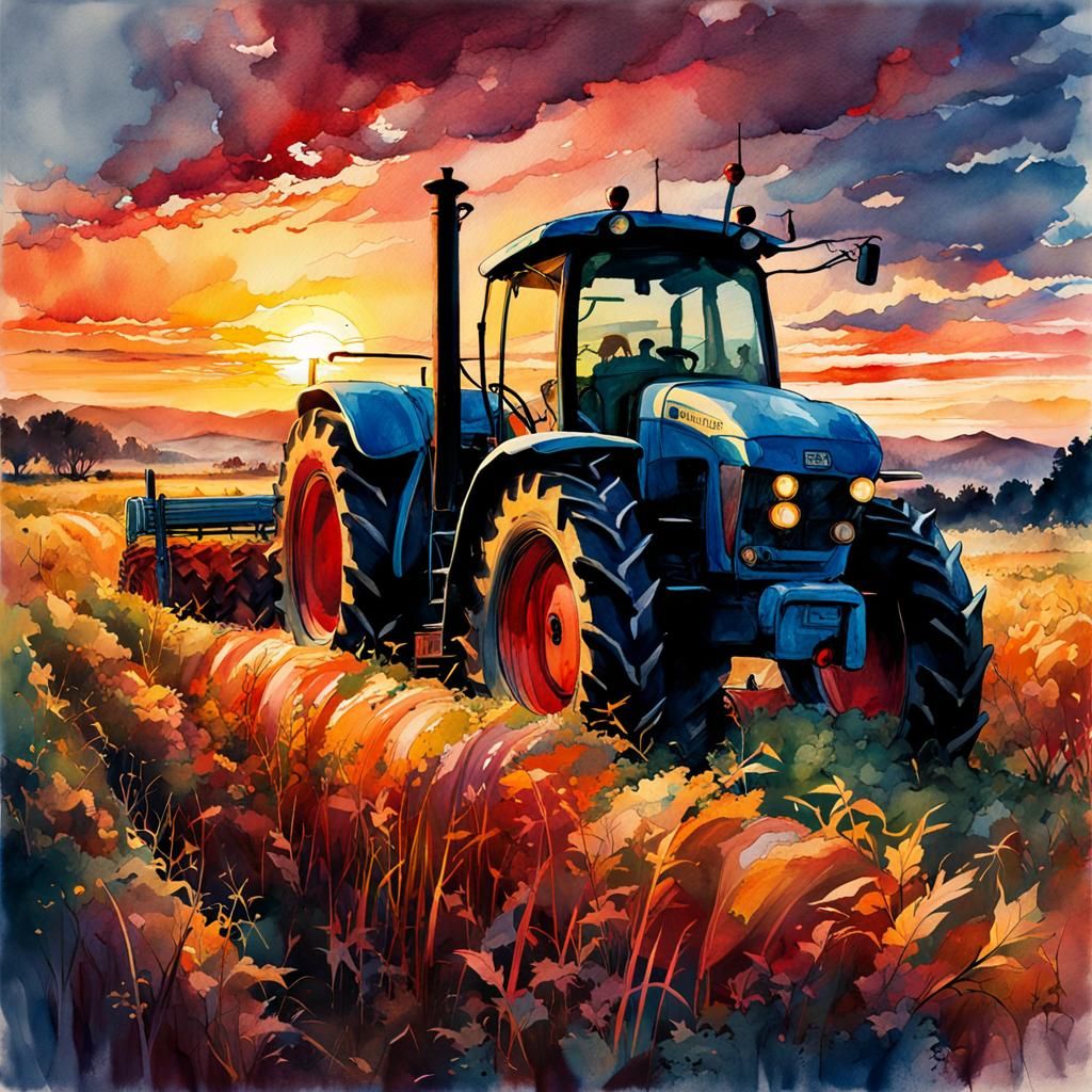Tractor Sunset Farmscape in Digital Watercolor Style