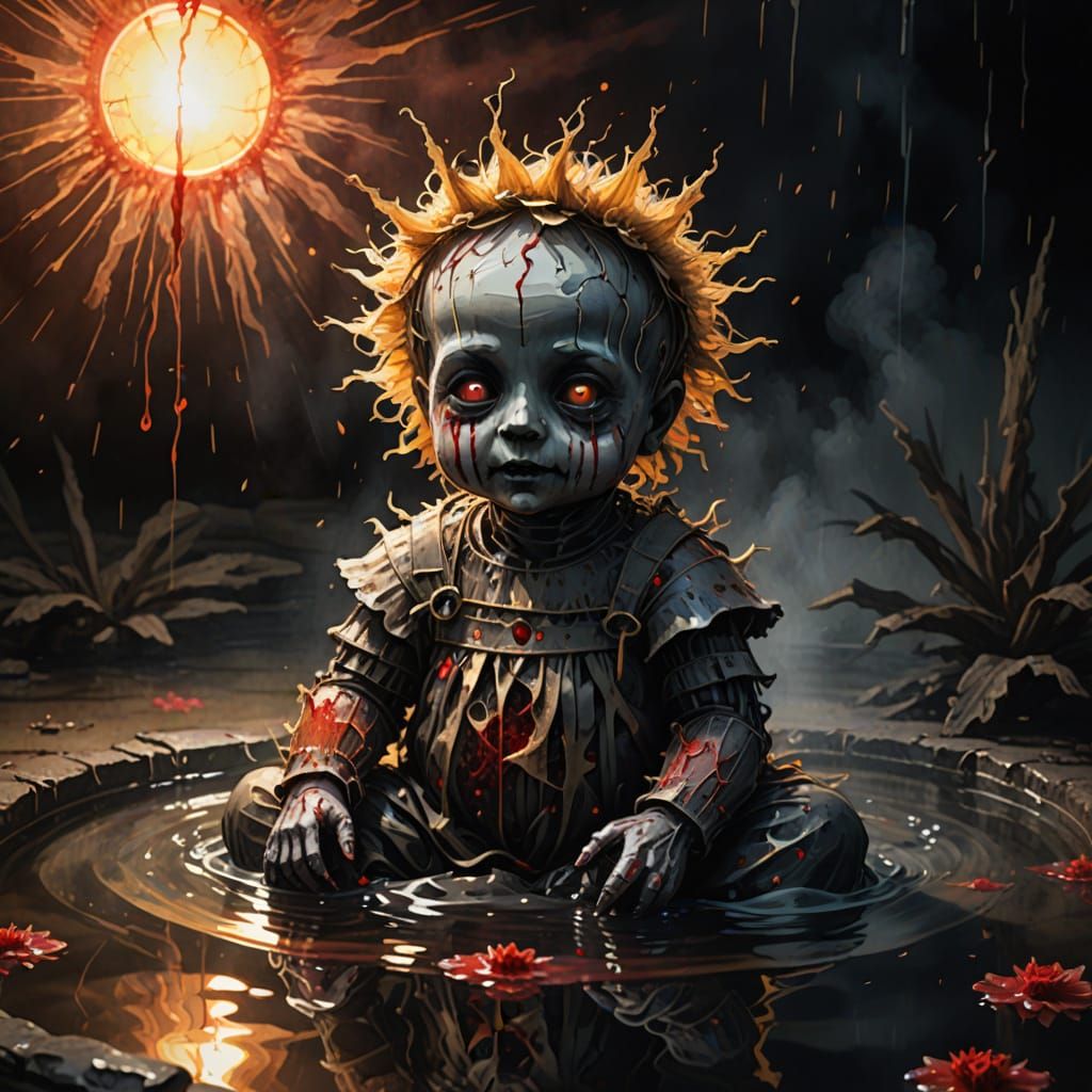 Cursed Straw Doll in Blood: Macabre Illustration