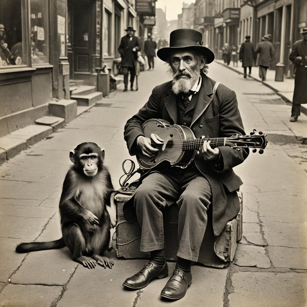 Vintage Street Musician with Monkey and Organ