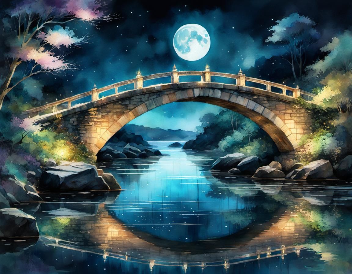 Moonlit Bridge: Digital Watercolor Illustration