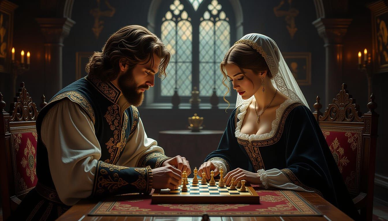 Noble Couple Playing Chess in Ornate Medieval Chamber