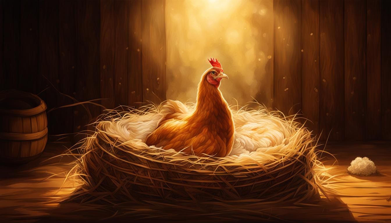 Laying Hen Incubating Eggs on Straw Nest