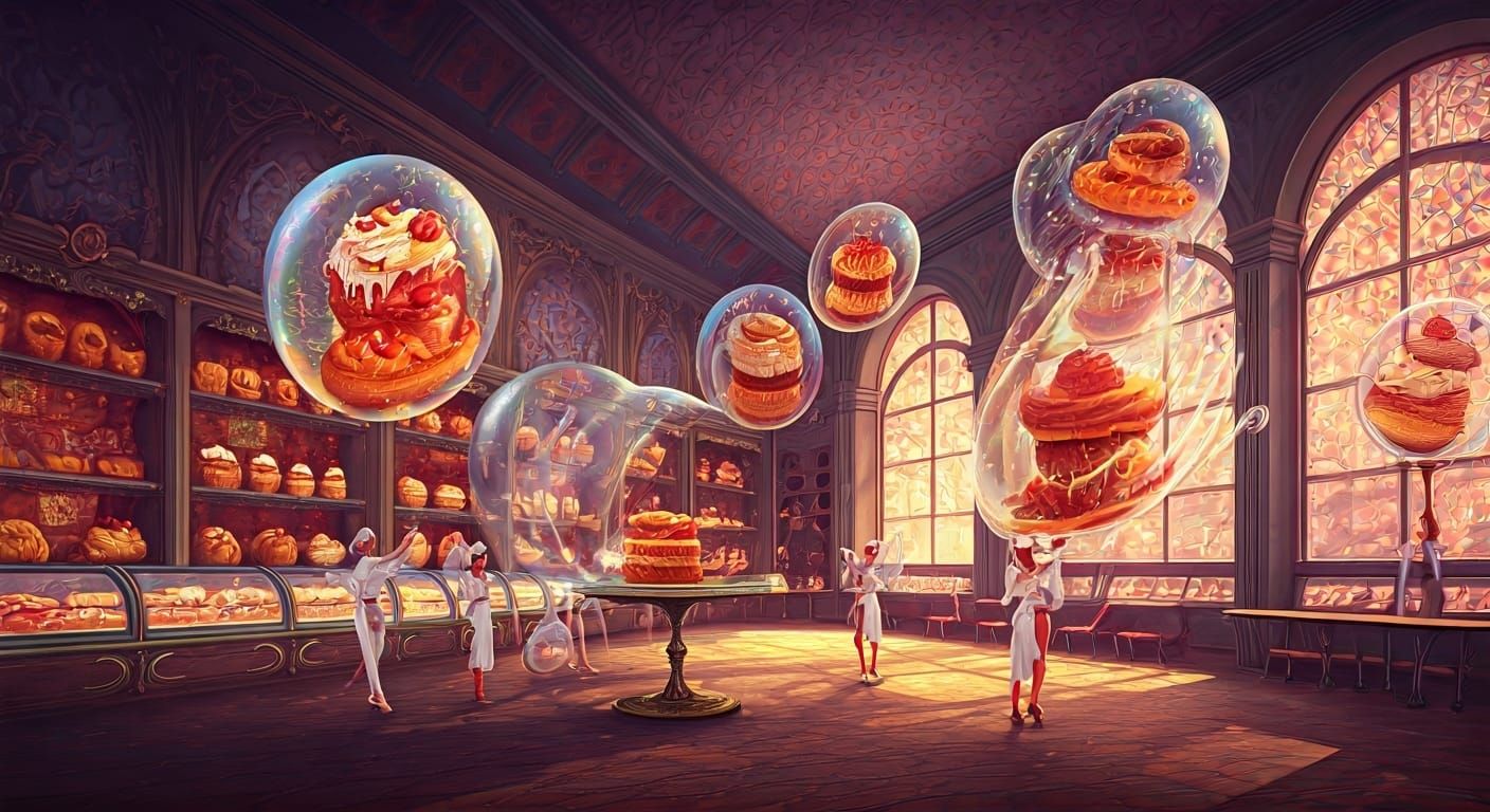 Art Nouveau Bakery with Floating Pastries in Bubbles