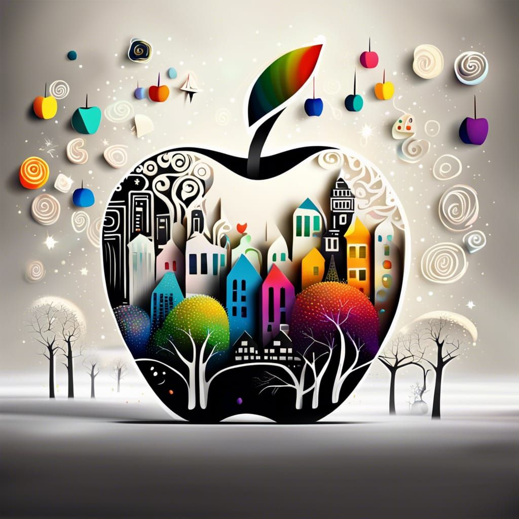 Festive White Apple Graphic Drawing in Folk Art Style