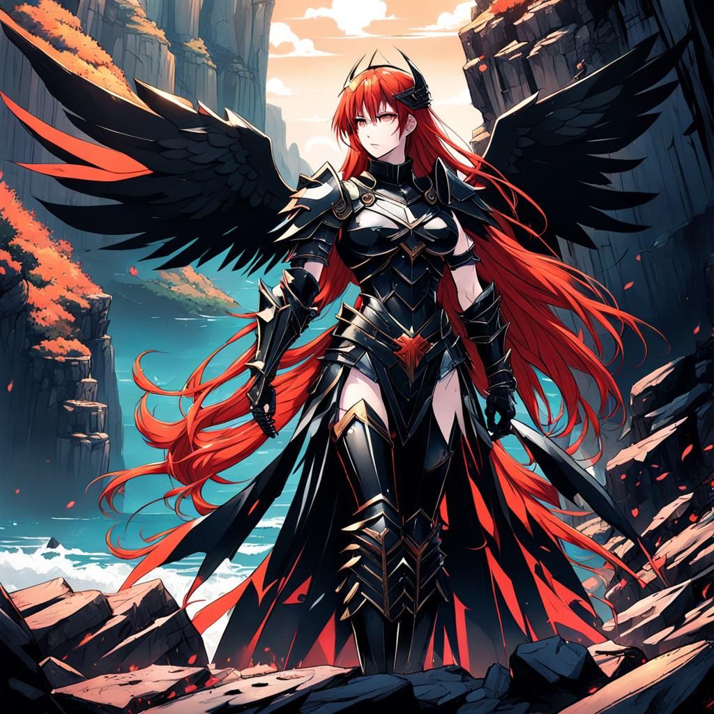 Anime Angel with Black Wings in Manga Style