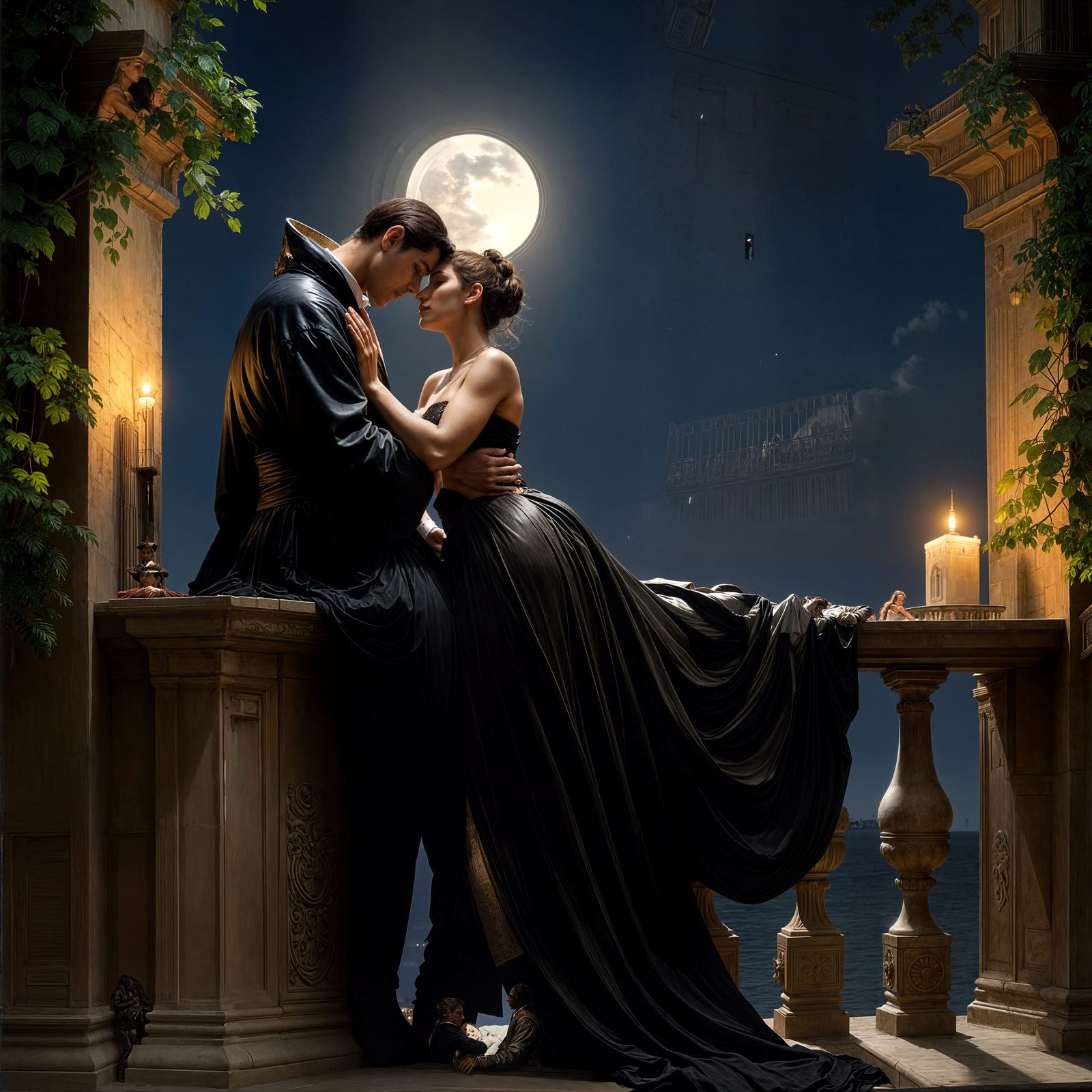 Othello and Desdemona's Balcony Embrace in Pre-Raphaelite St...