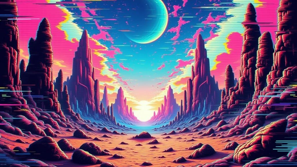 Surreal Glitch Art Desert Landscape in Retro Style