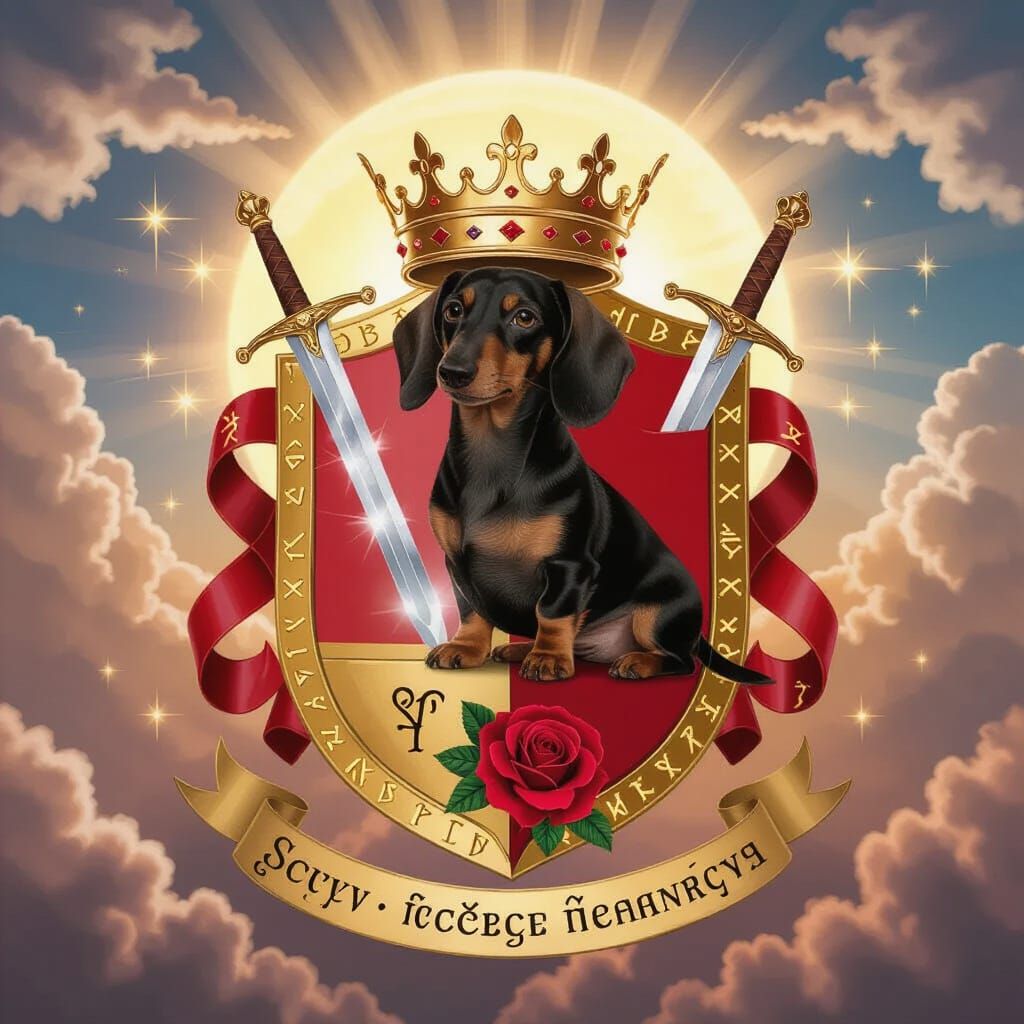 Heraldic Coat of Arms with Dachshund, Sword, and Rose