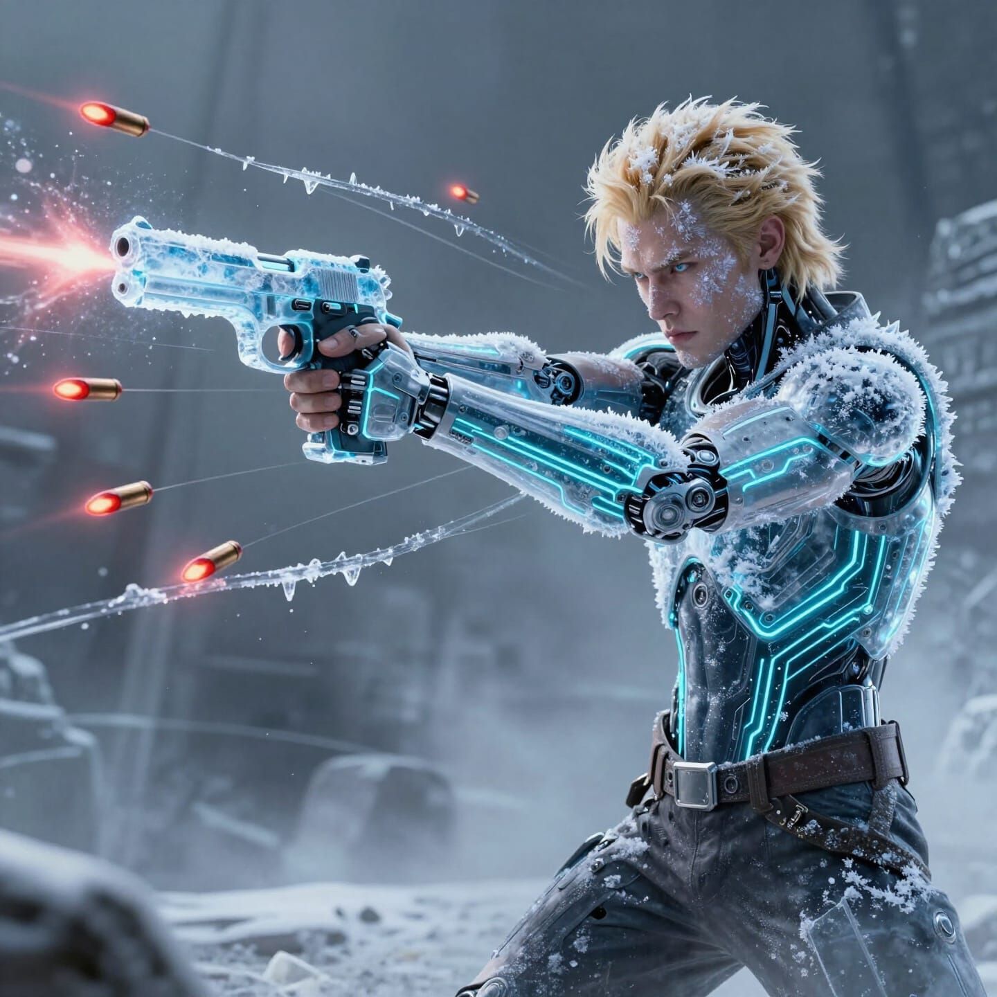 Blond Man in Cybernetic Combat with Icy Pistol
