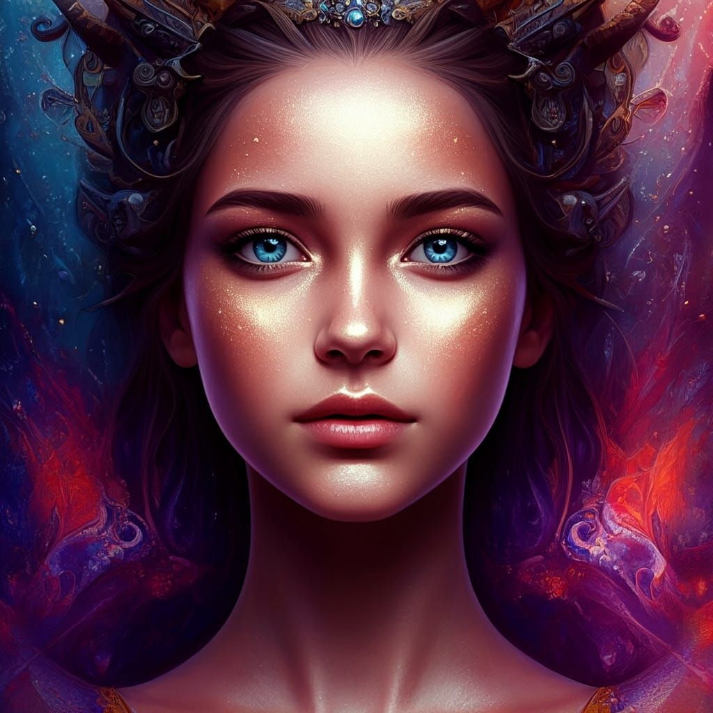 Surreal Portrait of a Luminous Goddess in Vivid, Fantastical...