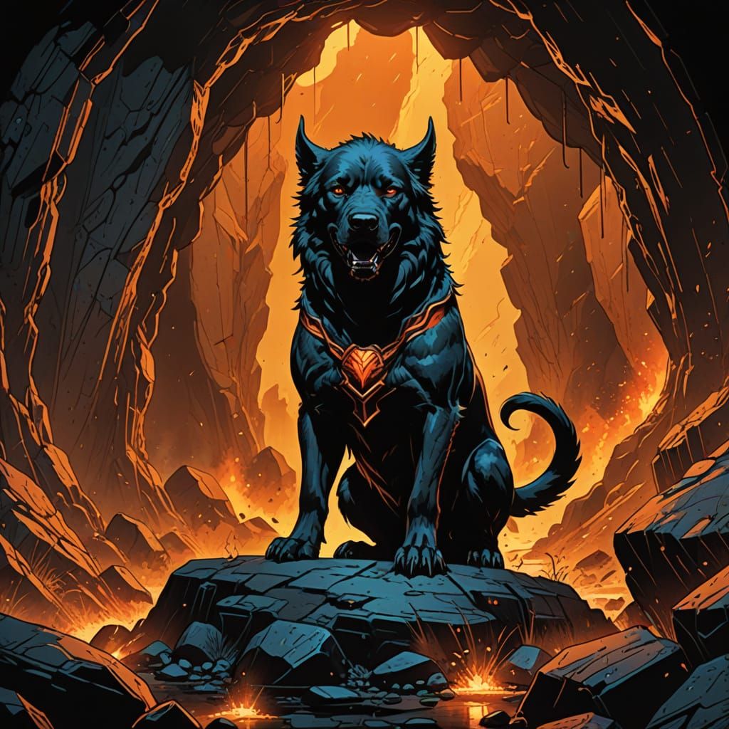 Comic Book Style Hellhound Cerberus Guards Cave Entrance