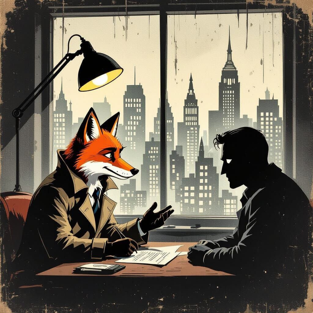 Symbolist fantasy. Medium shot. An anthropomorphic fox detec...