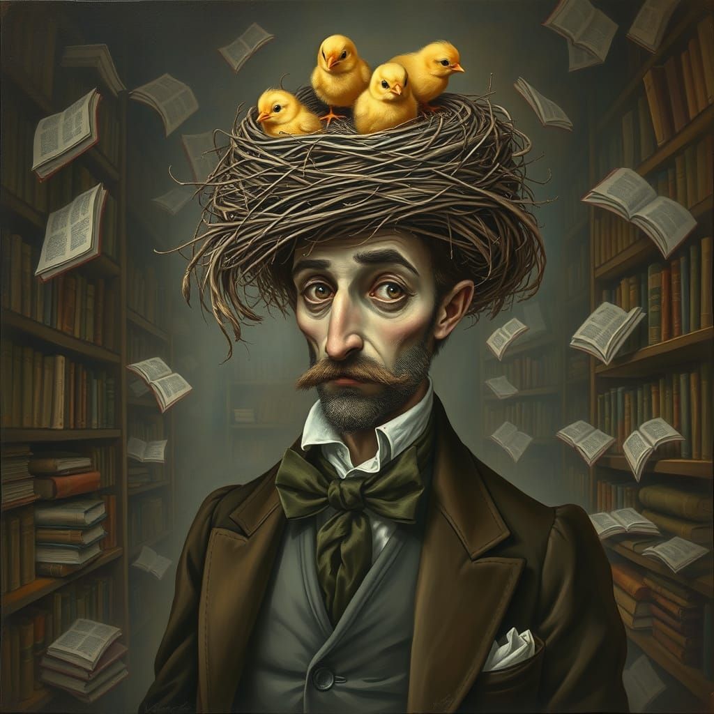Dapper Gentleman Wears Bird's Nest Hat in Whimsical Illustra...