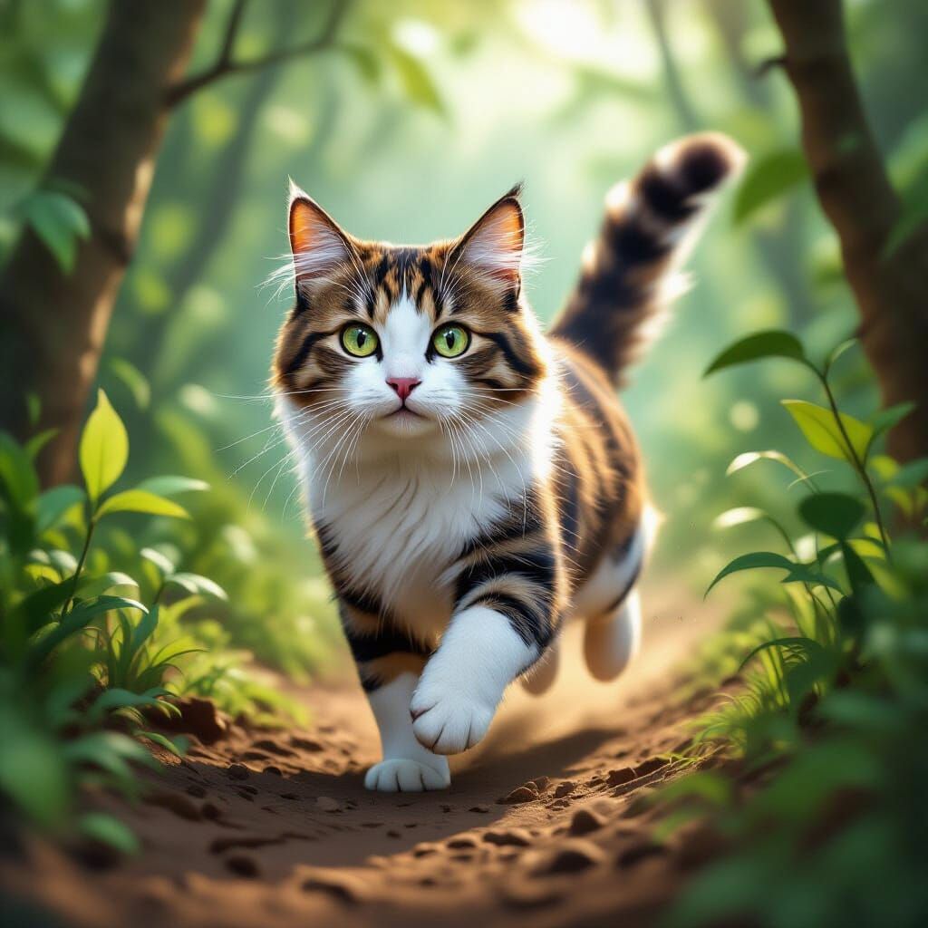 Polka Dot Cat Running Through Jungle: Hyperrealistic 3D Rend...